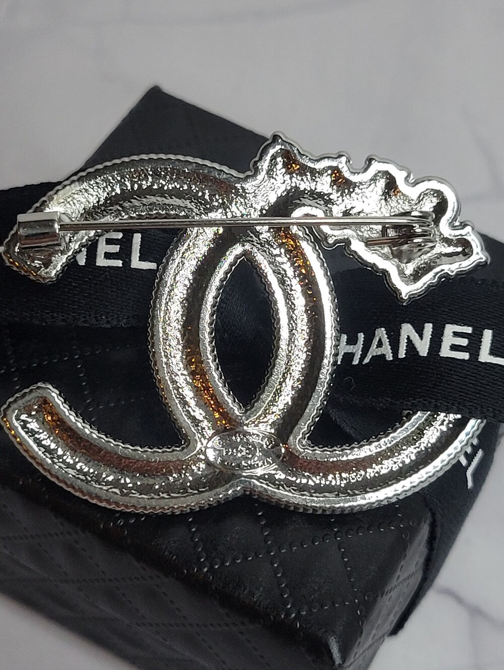 Silver, Black Enamel Rhinestone CC Brooch - Picture 3 of 4